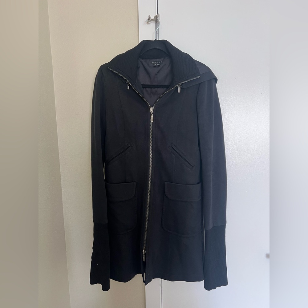 Theory Black Zip Up Hooded Coat for Women